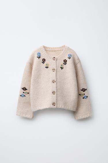 Zara 花朵刺繡針織開襟衫 - 裸色