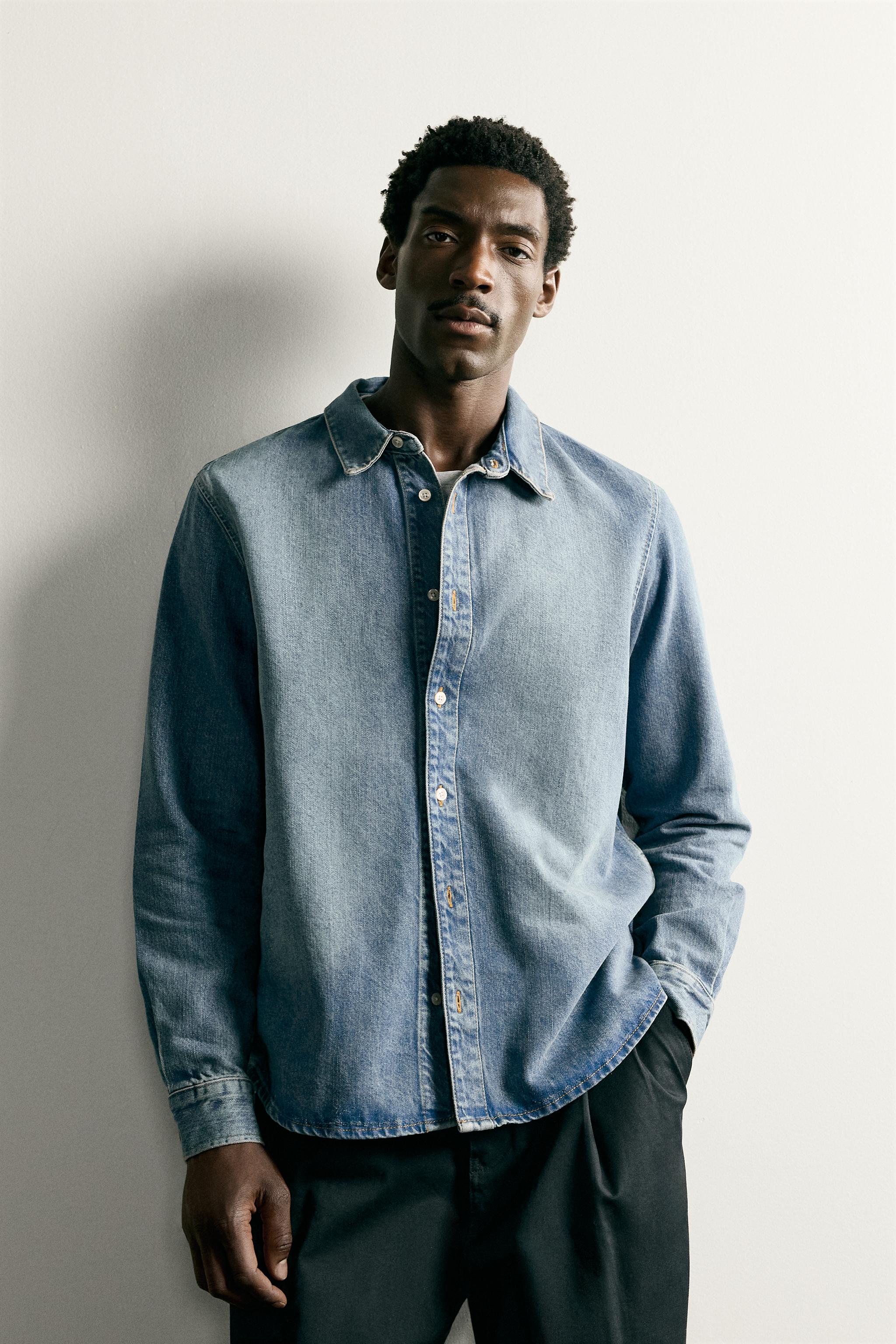 COTTON LYOCELL DENIM OVERSHIRT — Mid-blue