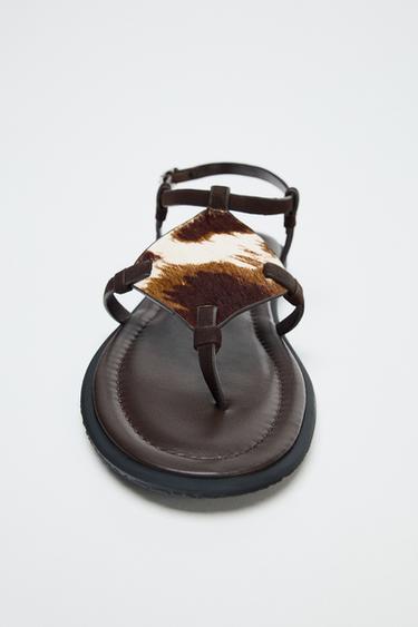 Zara ANIMAL PRINT FURRY LEATHER SANDALS - Multi-color