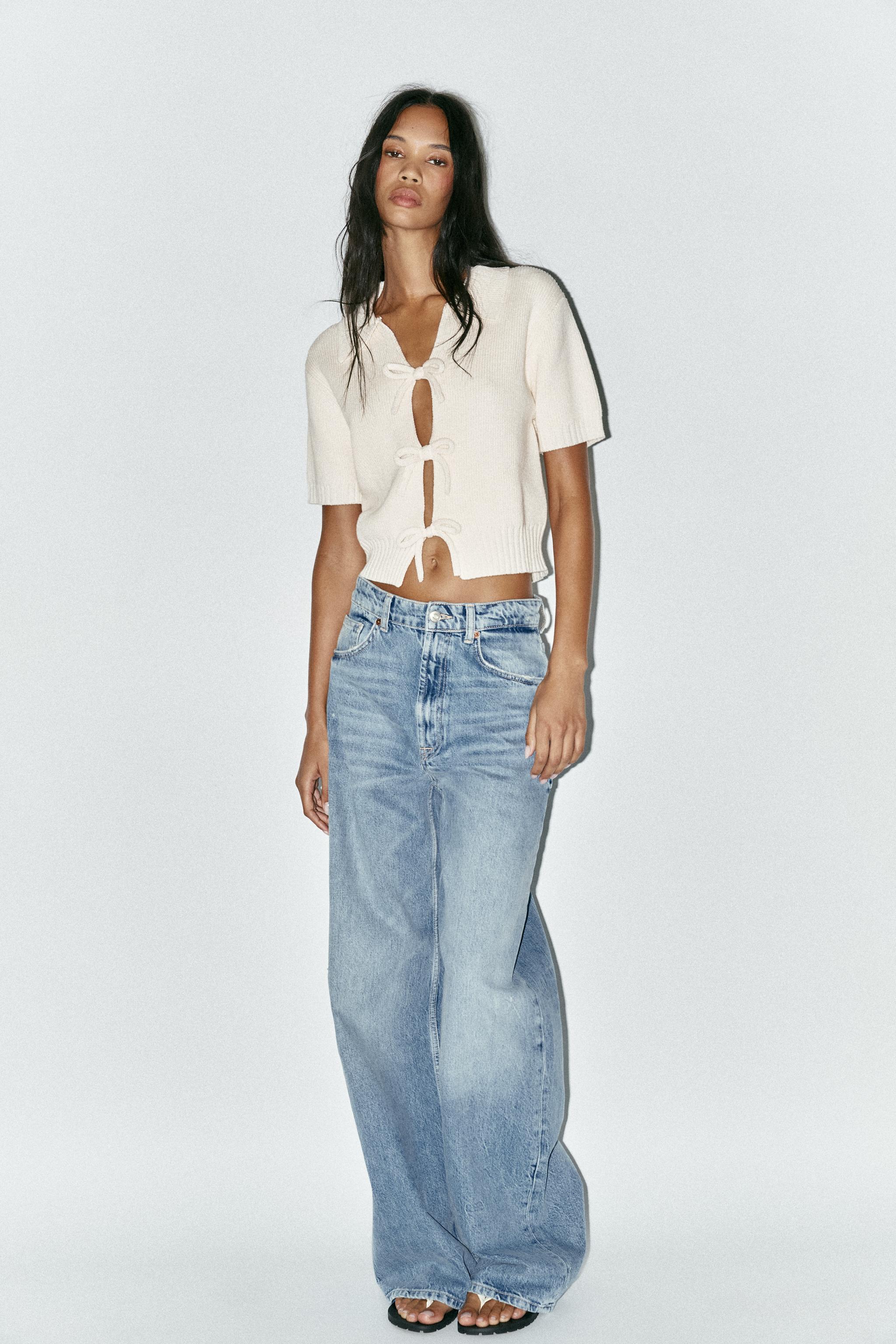 ZARA リボンディテール　ニットトップス　ライトピンク　Sサイズ　タグ付 ZARA リボンディテールニットトップスライトピンクSサイズタグ付