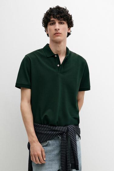 Zara Micro textured cotton piqué polo shirt - Bottle green