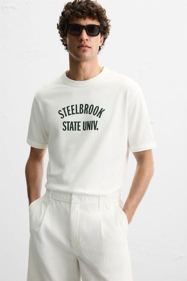 RIBBED SLOGAN T-SHIRT - Oyster-white by Zara