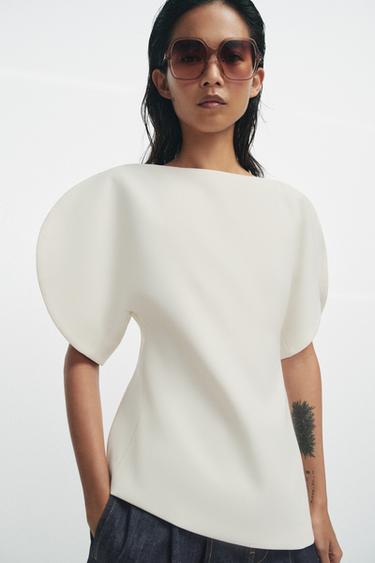 Zara BALLOON SLEEVE TOP ZW COLLECTION - Mid-ecru