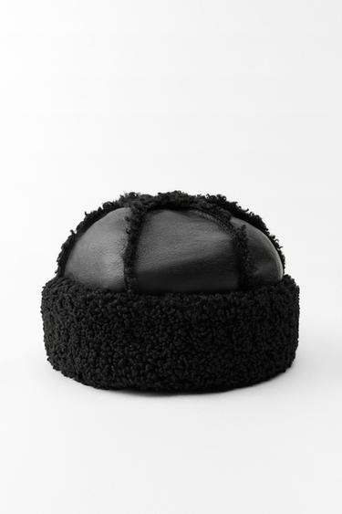 Zara DOUBLE-FACED FLEECE LINED HAT - Black