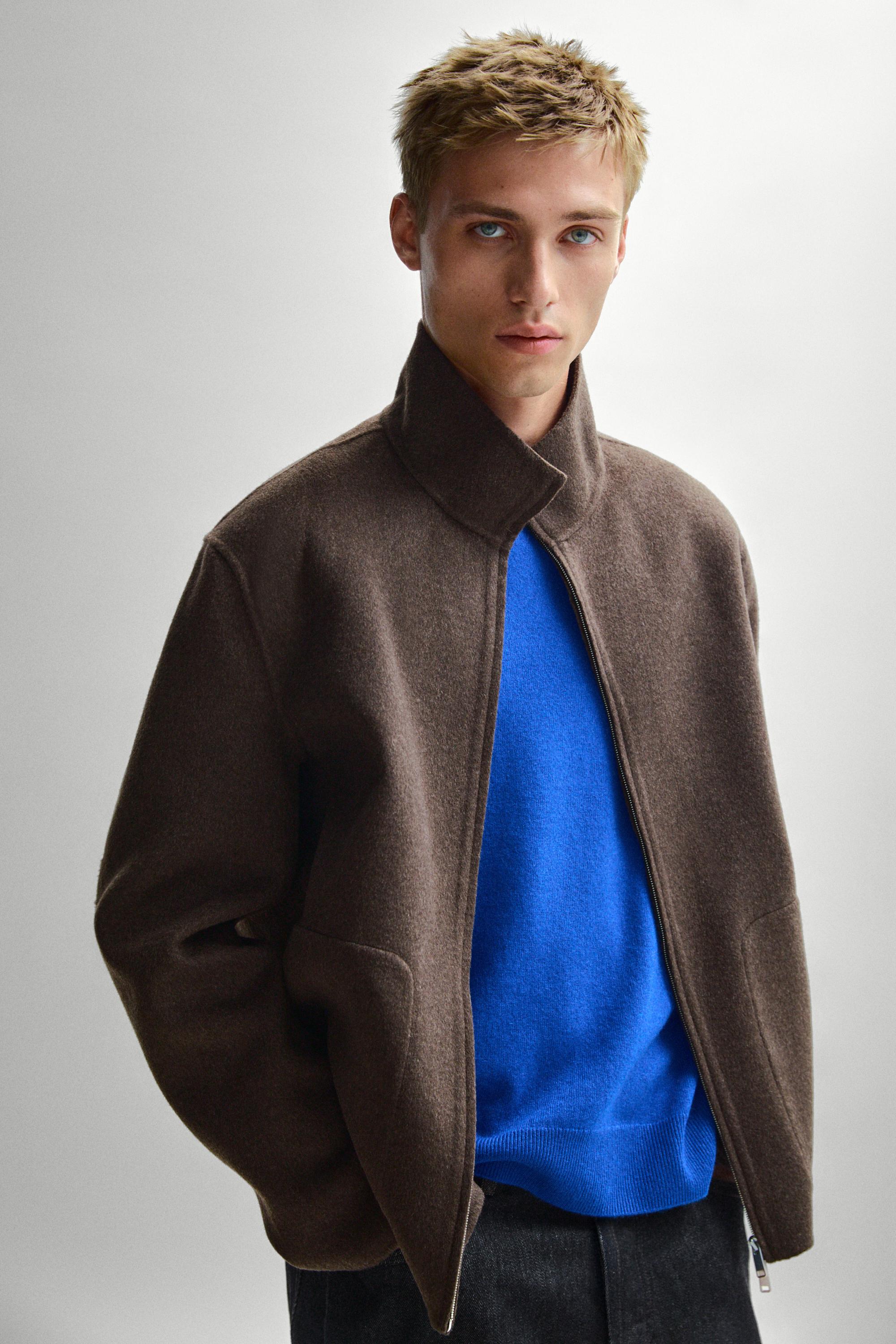 Wool blend double-fabric jacket with stand collar — Mink marl