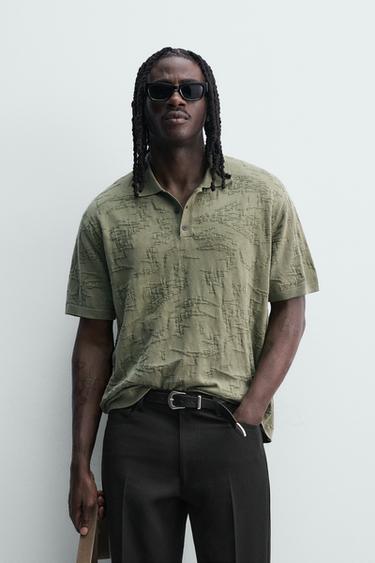 Zara RELAXED FIT JACQUARD KNIT POLO SHIRT - Green