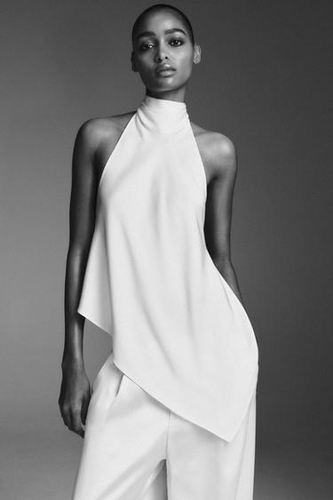 Zara SATIN EFFECT HALTER TOP - Oyster-white