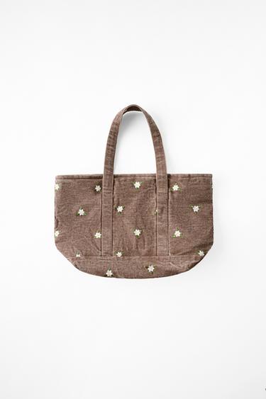Zara MINI EMBROIDERED FLORAL DENIM BAG - Brick