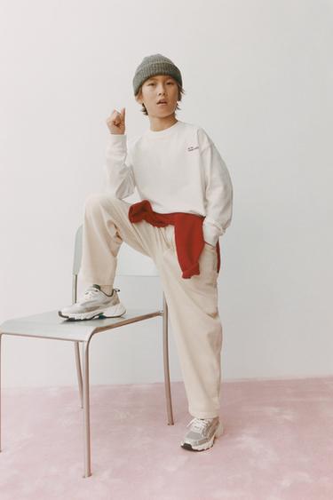 Zara HEAVYWEIGHT EMBROIDERED TEXT T-SHIRT - Ecru