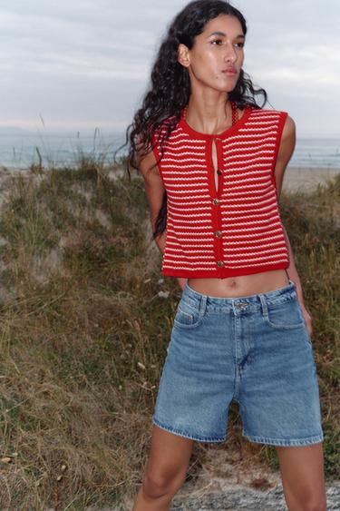 JACQUARD BUTTON WAISTCOAT TOP - White / Red by Zara