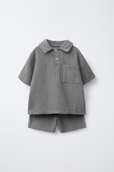 TEXTURED POLO AND BERMUDA JOGGING SET - Blue / Grey by Zara