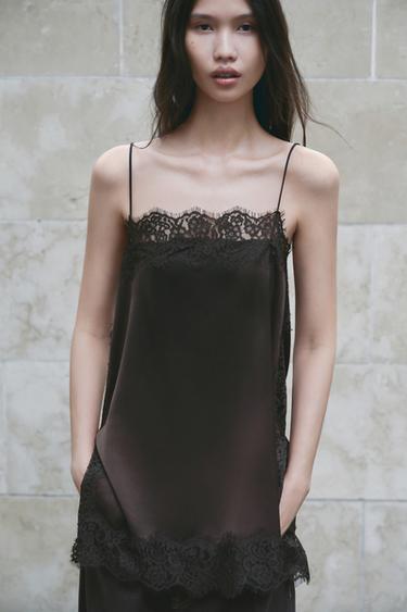 Zara ZW COLLECTION 緞面蕾絲上衣 - 深棕色 - 圖片 0