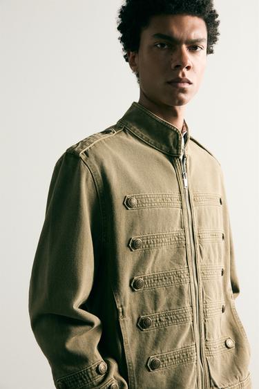 CROPPED FIT BUTTON-DETAIL DENIM JACKET — Khaki 2