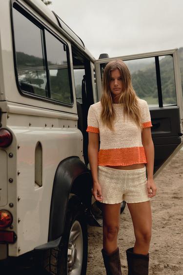 Zara SHORT SLEEVE KNIT TOP - Light beige