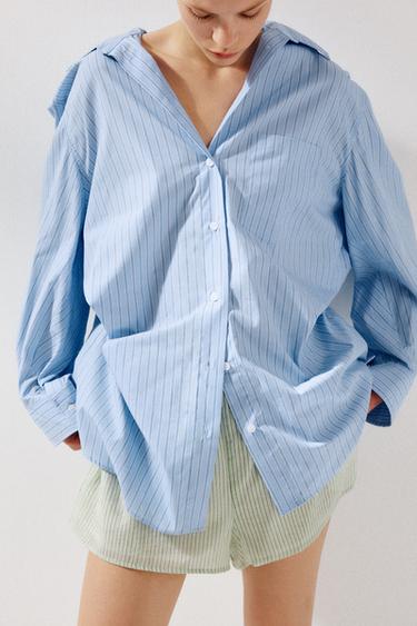 CHEMISE OVERSIZE EN POPELINE RAYÉE - Bleu de Zara