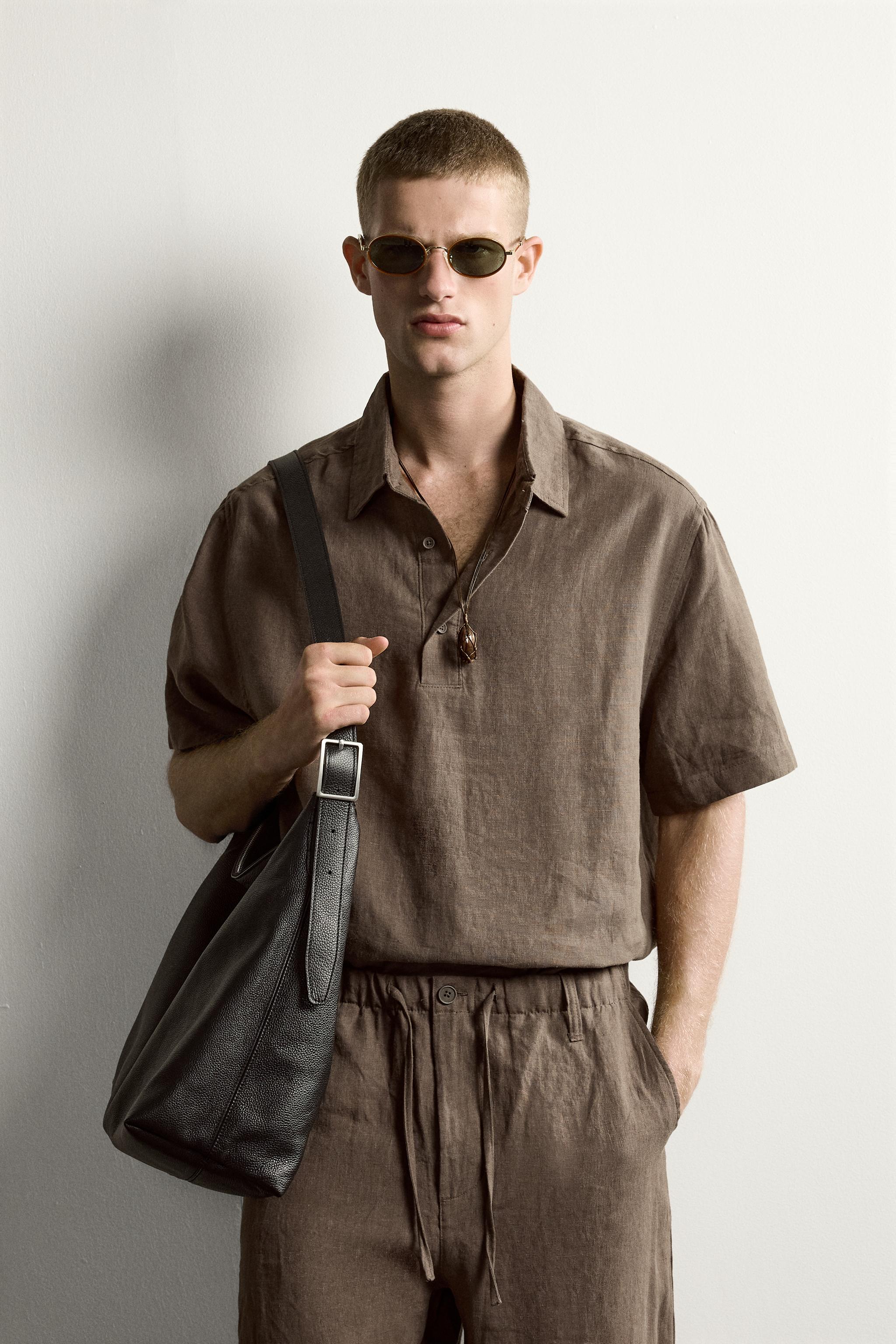 100% LINEN BOXY FIT POLO SHIRT — Brown / Taupe