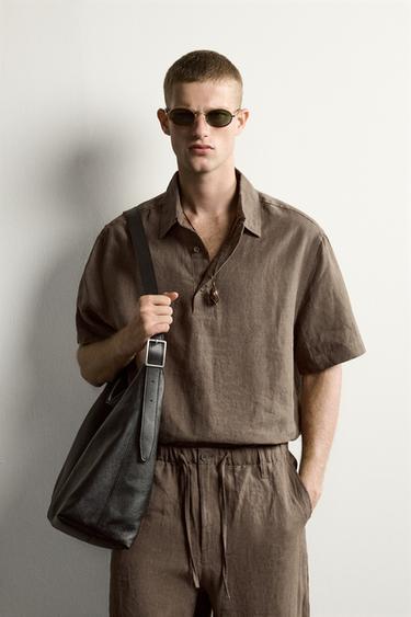 Zara 100% LINEN BOXY FIT POLO SHIRT - Brown / Taupe