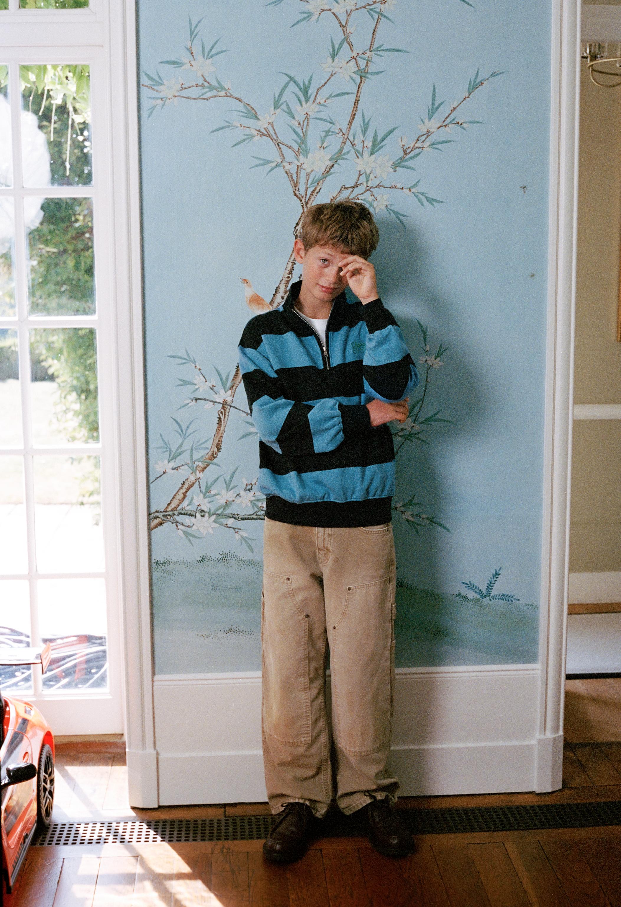 STRIPED EMBROIDERED TEXT SWEATSHIRT — Blue