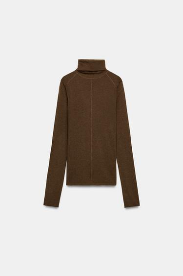 Zara WOOL BLEND KNIT HIGH NECK JUMPER - Khaki