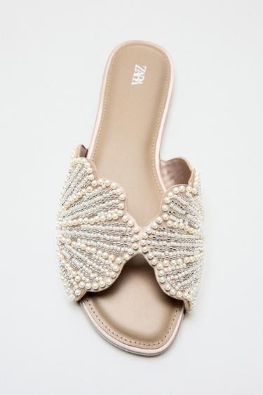 FLAT SLIDE SANDALS WITH SHINY APPLIQUÉS - White by Zara