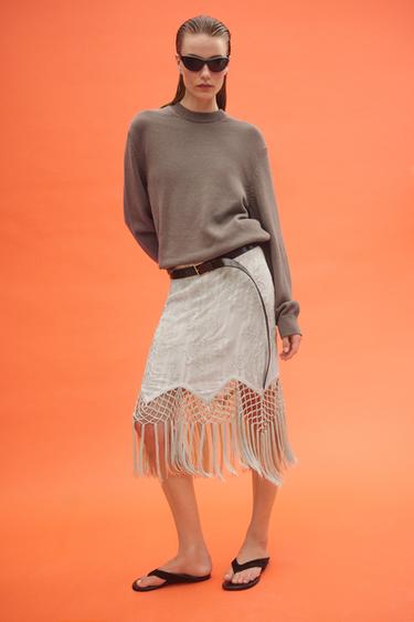 JUPE BRODERIES FRANGES ZW COLLECTION - Écru de Zara