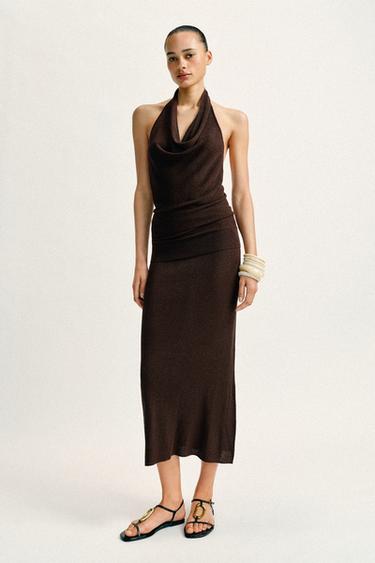 METALLIC YARN RIB KNIT MIDI SKIRT - Brown by Zara