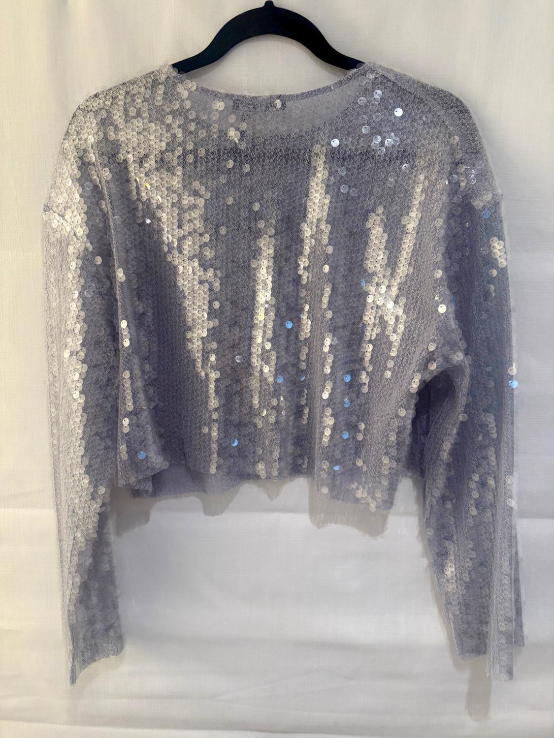 Short-sleeved light blue crop top with silver sequins, hanging on a black hanger against a white background.