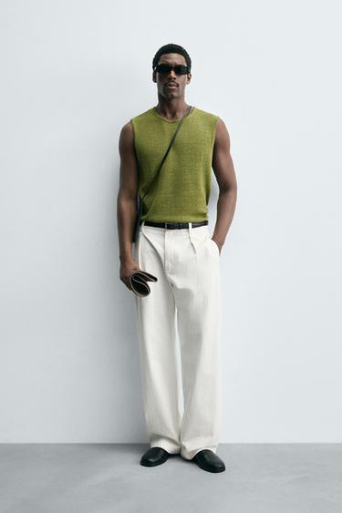 LINEN BLEND KNIT VEST - Olive green by Zara