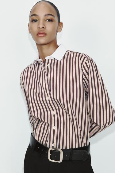 CAMISA LISTRADA COM CONTRASTE - Bege-marrom da Zara