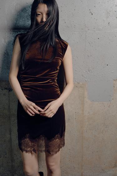 レースベルベットワンピースダークブラウンZaraのレースベルベットワンピース - ダークブラウン