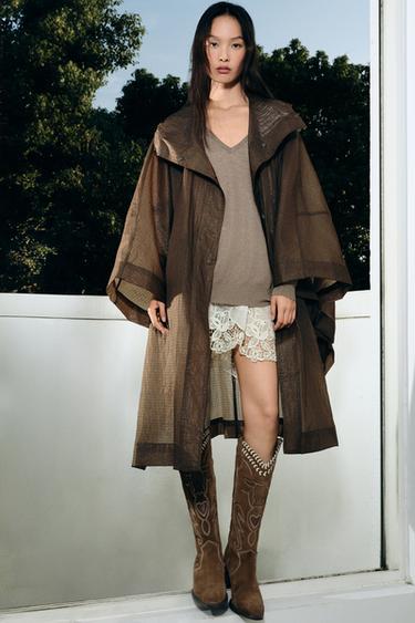 Zara ZW COLLECTION 連帽 OVERSIZE 斗篷式派克外套 - 棕色