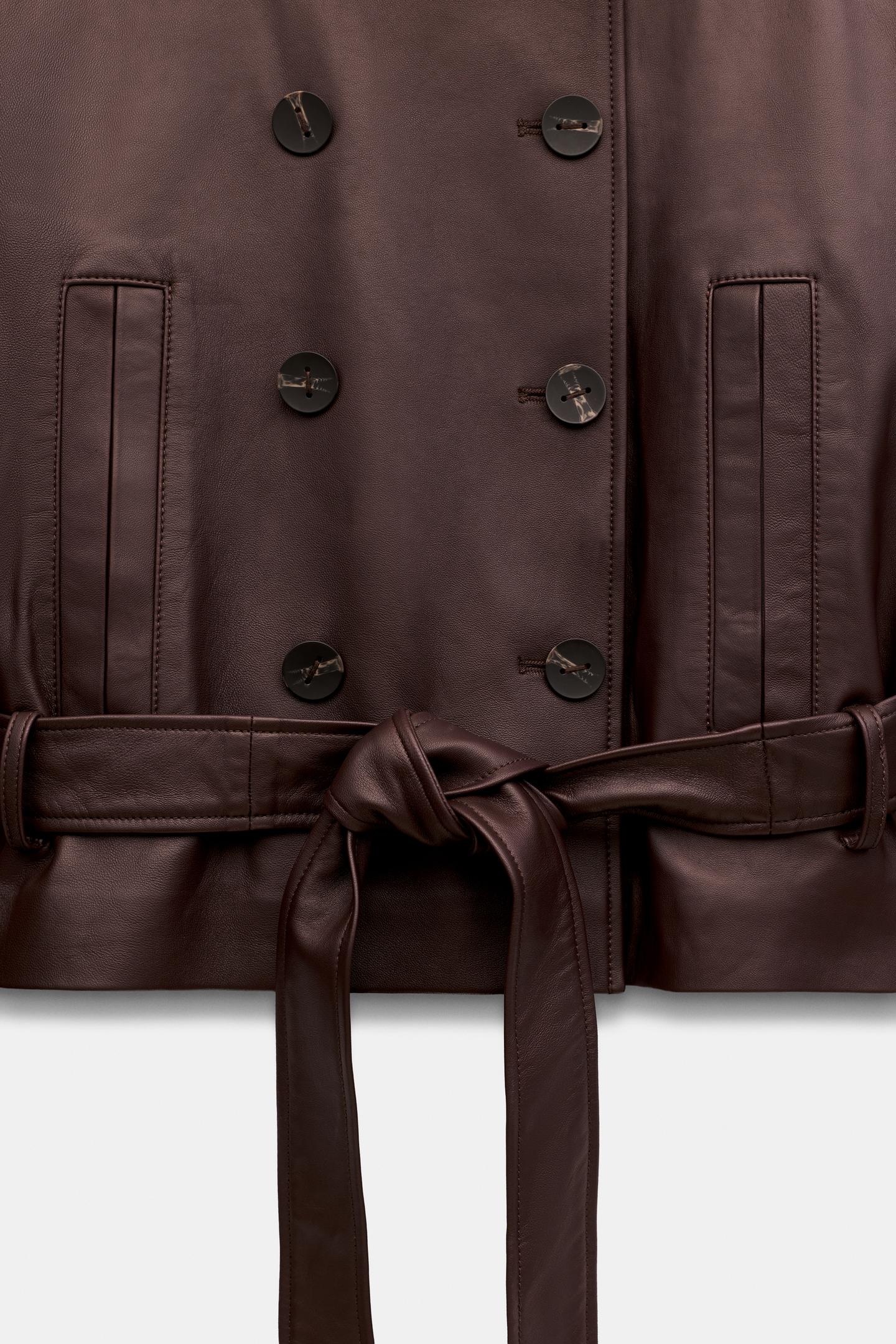 Женская куртка Zara 100% Leather Belted, цвет: Тёмный баклажановый — фото 4
