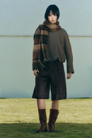 Zara 千鳥格紋絎縫飛行員外套 - 灰色 / 棕黃色