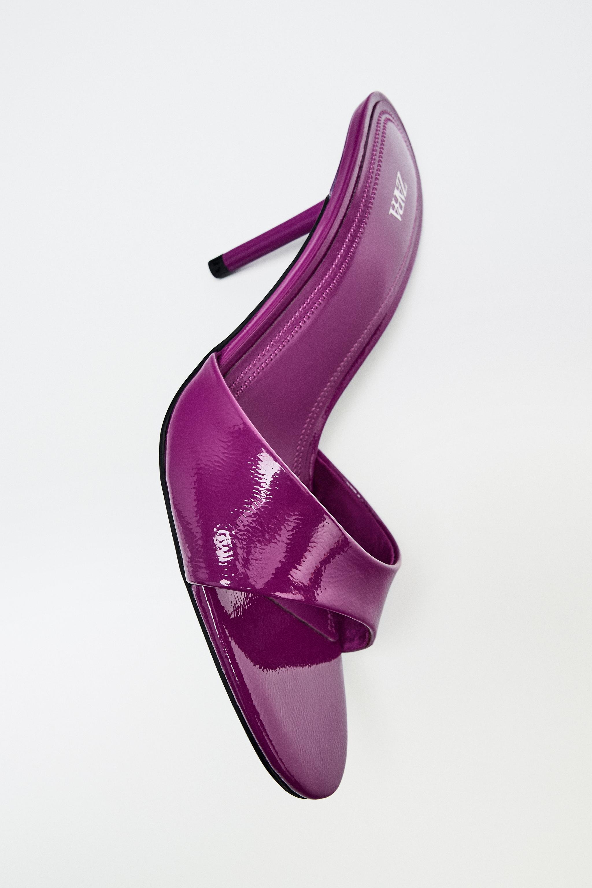 PATENT FINISH HEELED MULE SANDALS — Fuchsia