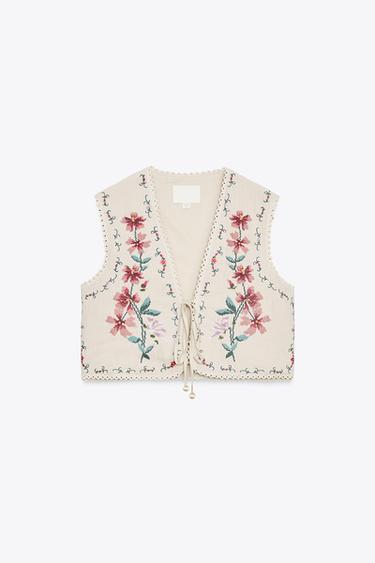 GILET SANS MANCHES EN COTON AVEC BRODERIES FLEURS - Écru de Zara - Image 1