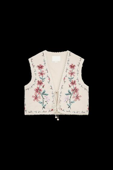 FLORAL EMBROIDERED COTTON WAISTCOAT - Ecru by Zara - Image 0