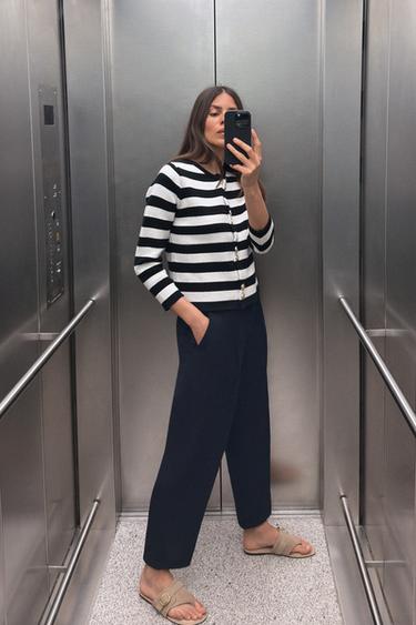 LINEN STRAIGHT-LEG TROUSERS WITH DARTS - Navy blue by Zara