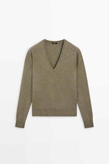Wool blend knit V-neck sweater — Green marl 2