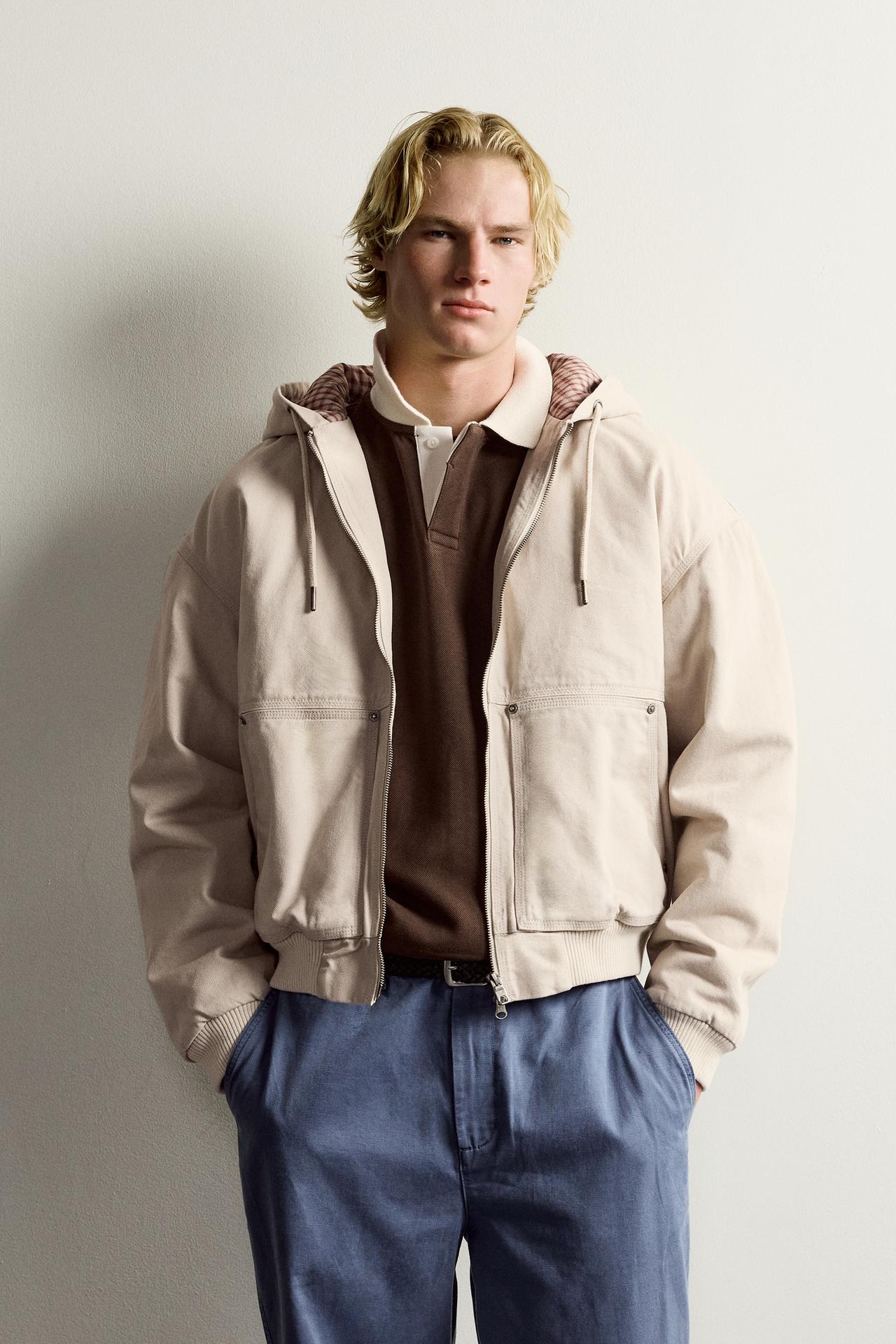 CONTRAST HOODIE QUILTED JACKET — Stone