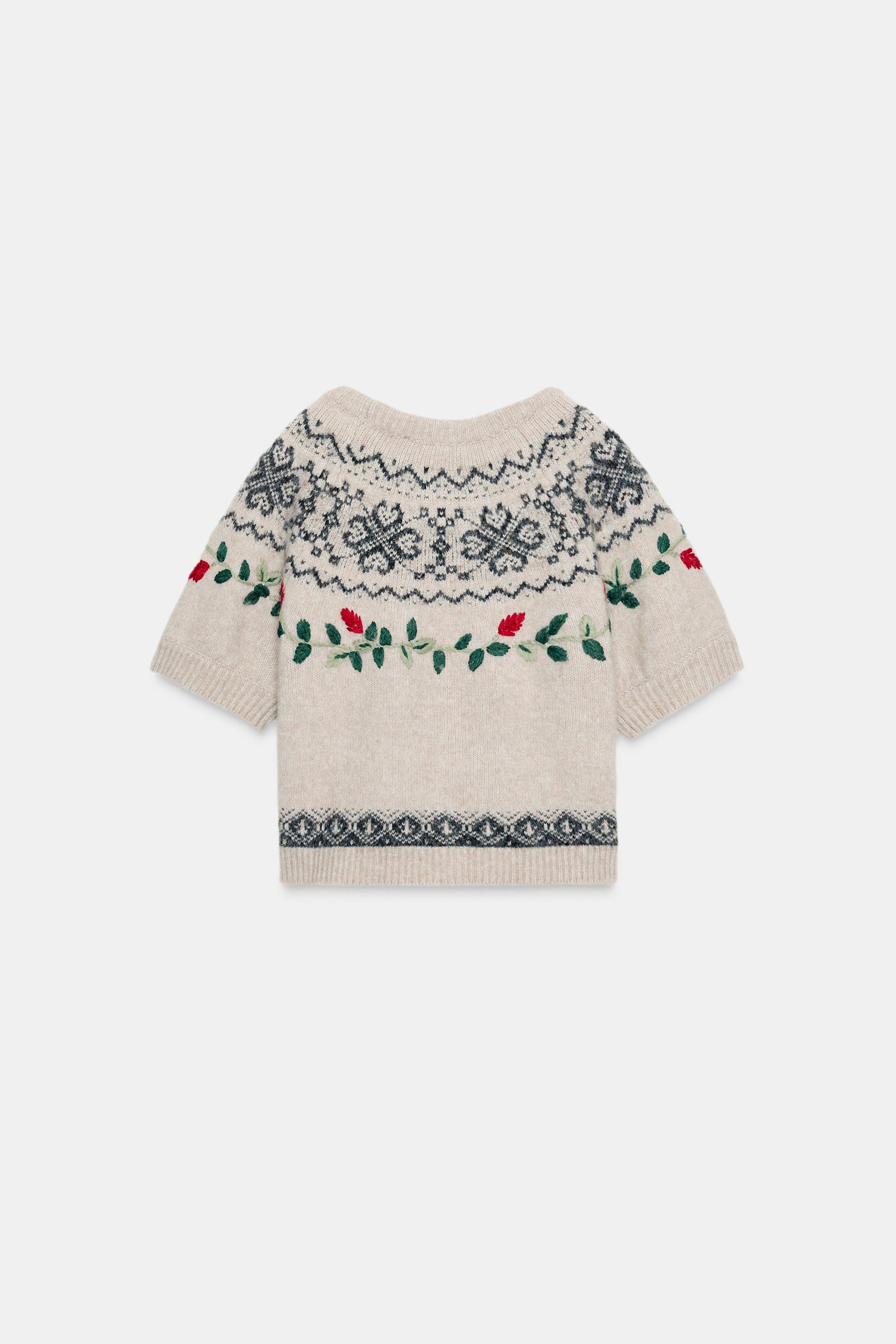 SHORT SLEEVE EMBROIDERED JACQUARD KNIT JUMPER