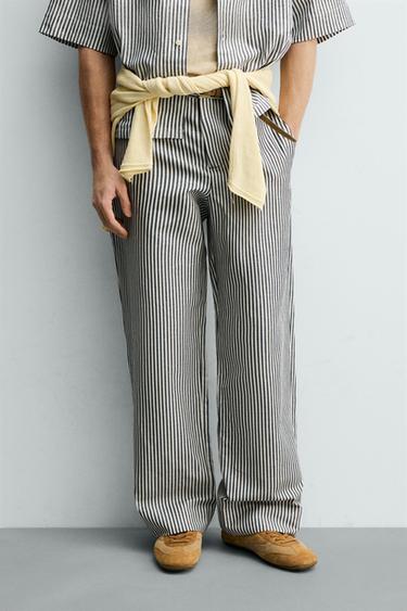 STRIPED COTTON/LINEN TROUSERS - Navy blue by Zara