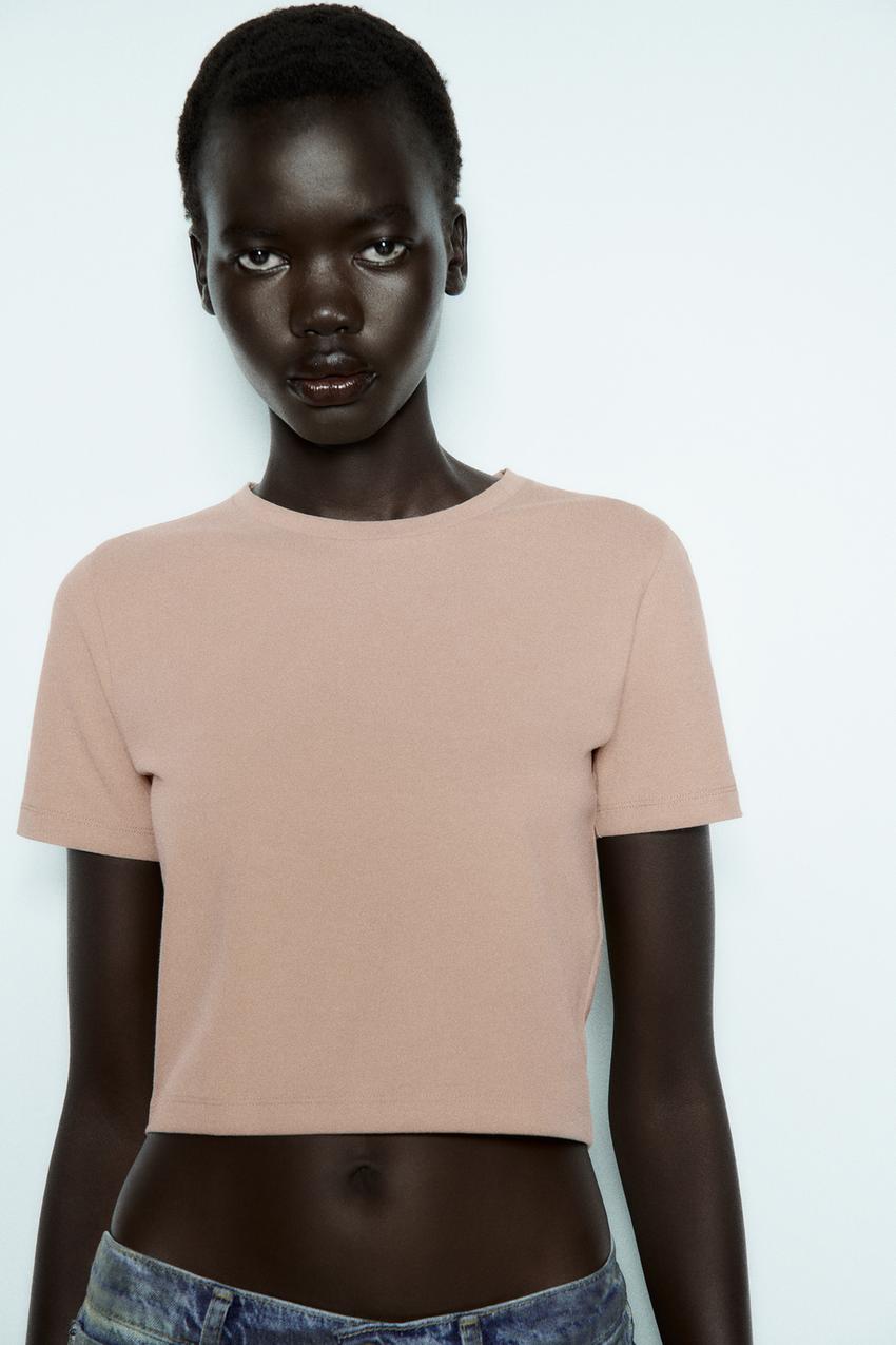 CROPPED STRETCH T-SHIRT - Beige-pink