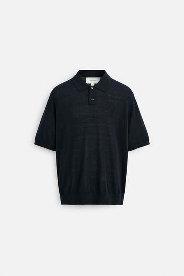シルク - リネンニットポロシャツダークネイビーブルーZaraのシルク - リネンニットポロシャツ - ダークネイビーブルー 