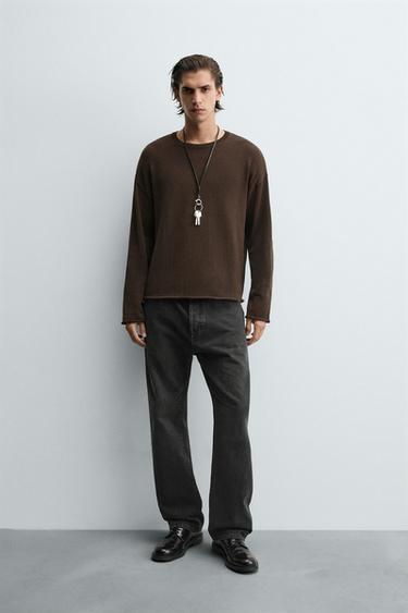 TEXTURED TURN-UP TRIM SWEATER - Brown by Zara