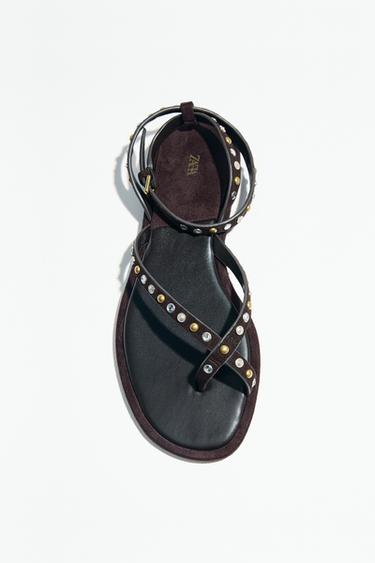 Zara BEADED LEATHER SANDALS - Brown