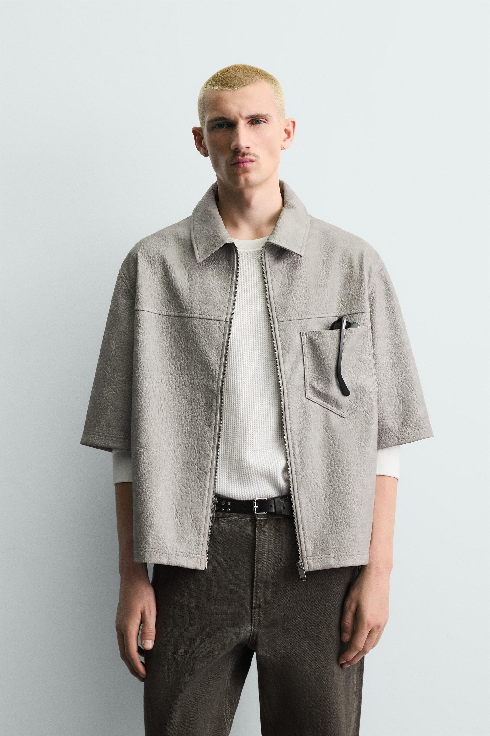 RELAXED FIT LEATHER EFFECT OVERSHIRT — Grey