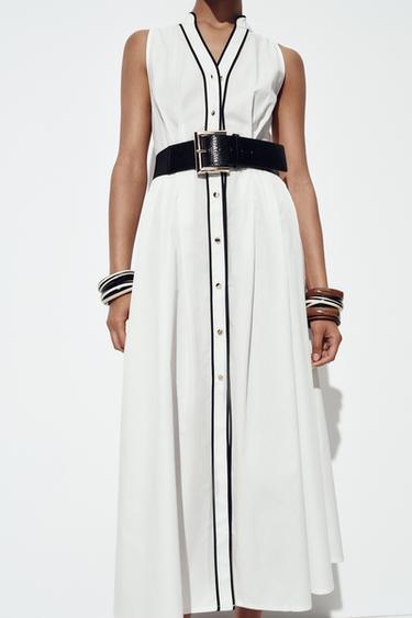 ROBE MIDI EN POPELINE LISERÉS CONTRASTE - Écru de Zara - Image 3