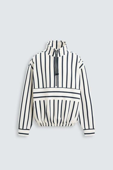 Zara STRIPED QUARTER-ZIP SWEATSHIRT - White / Navy