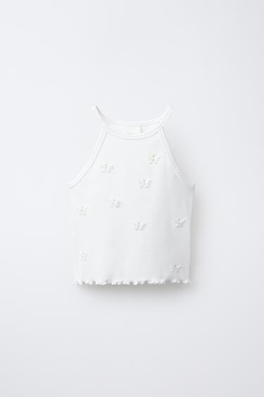 Zara BUTTERFLY AND FLOWER RIBBED TOP - White
