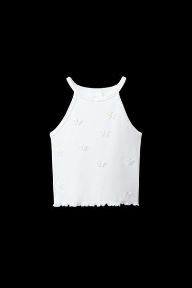 Zara BUTTERFLY AND FLOWER RIBBED TOP - White - Image 0